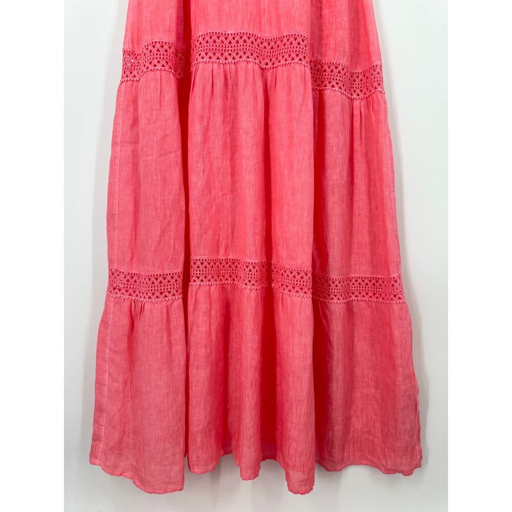 120% Lino Resort Linen Tiered Halter Maxi Dress Crochet Sleeveless, Coral Pink - Picture 6 of 14